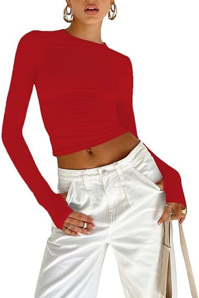 LADY HAZAL Red Crew Neck Basic Blouse Studded Ribbed Fabric Finger Detailed Bodysuit
