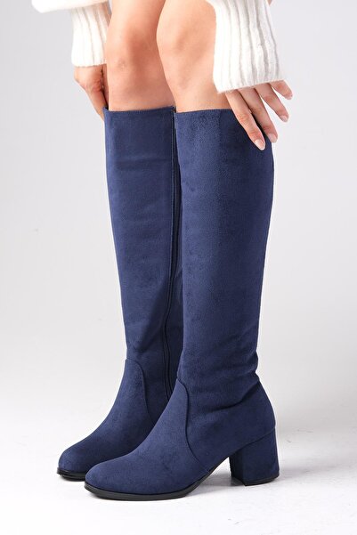 Mio Gusto Dámské kozačky na podpatku Bella v tmavě modré barvě s bočním zipem a tenkou podšívkou z umělé kožešiny