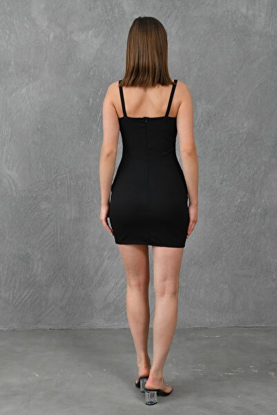 4S1B FASHION Siyah Atlas Kumaş Büzgü Tasarım Yaka Askılı Mini Abiye Elbise 264