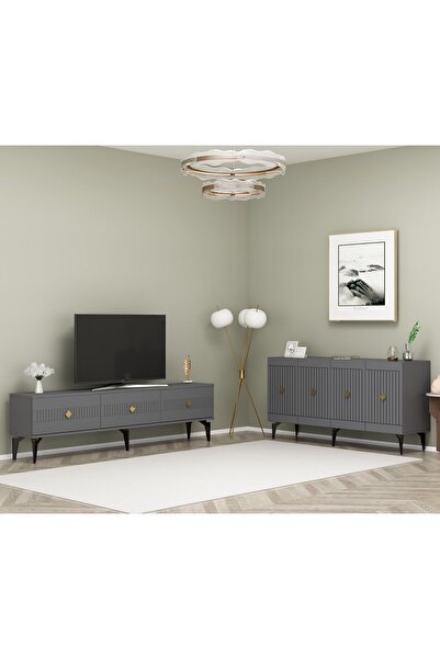 DEMONTE DECOR MİDDAS 180 Cm TV SEHPASI (ALT MODÜL) Ve 4 KAPAKLI KONSOL 2'li S...