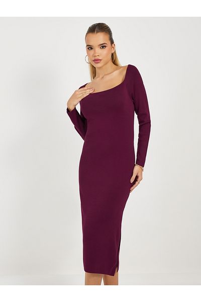 Styli Square Neck Knitted Sweater Midi Dress