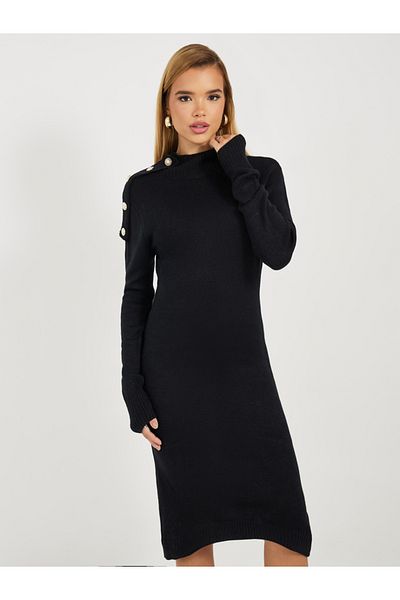 Styli Knitted Sweater Knee Length Dress with Button Detail