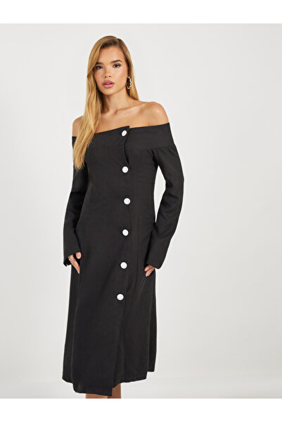 Styli Off Shoulder Neck Contrast Button Blazer Midi Dress