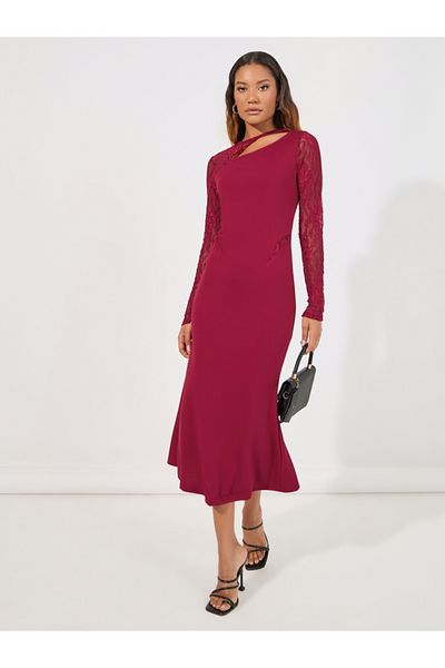Styli Lace Sleeves Cut-Out Detail Sheath Midi Dress