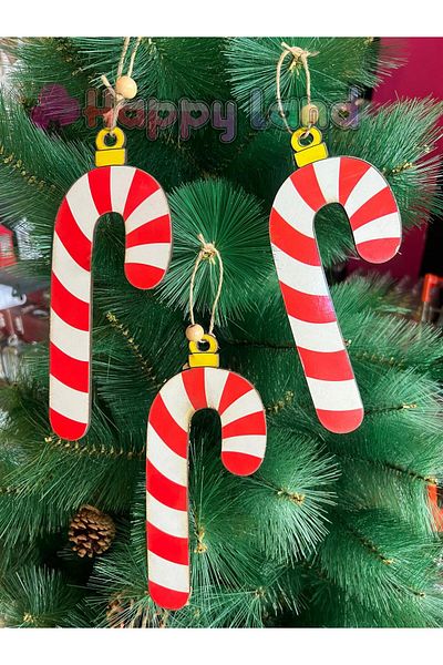 Happyland Christmas Ornament 3 Pieces Walking Stick Candy Ornament Drawstring 20 cm Wooden Model Christmas Decor