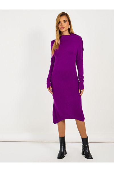 Styli Knitted Sweater Knee Length Dress with Button Detail