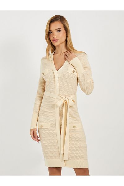 Styli Textured Sweater Knee Length Dress with Tie Belt