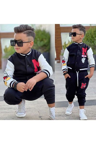 yns coolstar Mickey Printed Black 3-String Fabric Trousers with Fleece Inside and College Jacket Set of 2