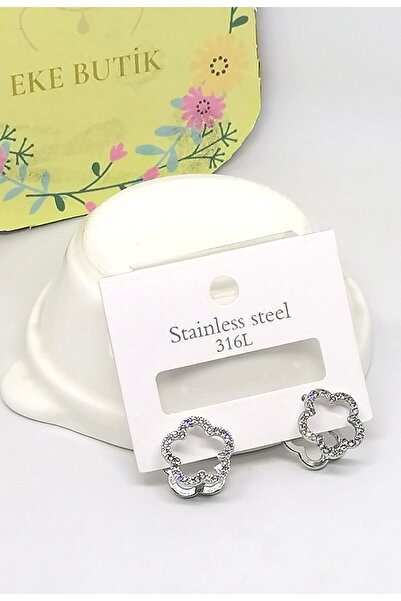 EKE BUTİK Çelik Yonca Taşlı Küpe Beyaz Altın