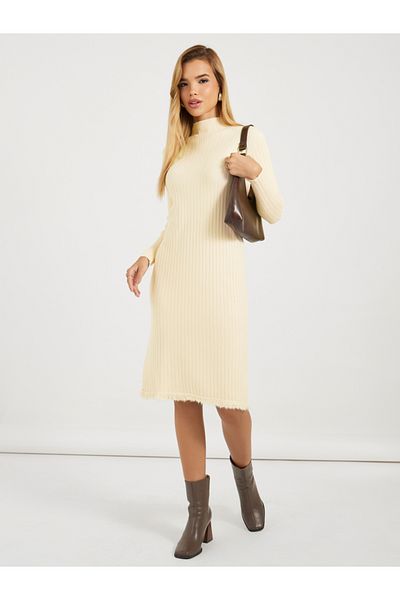 Styli Frayed Edge Knitted Sweater Knee Length Dress