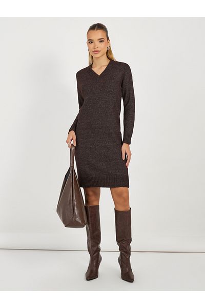 Styli Flat Knit V Neck Sweater Mini Dress