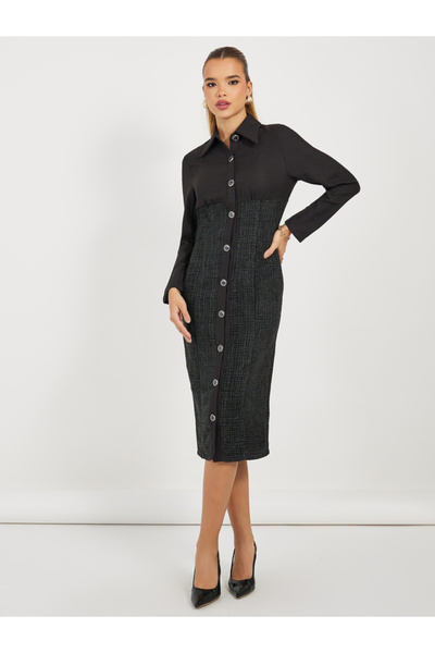 Styli Tweed Sheath Midi Dress with Buttons