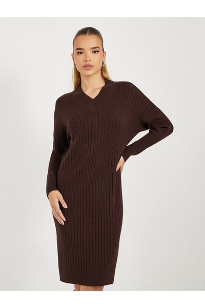 Styli Ribbed Knit V Neck Sweater Midi Dress