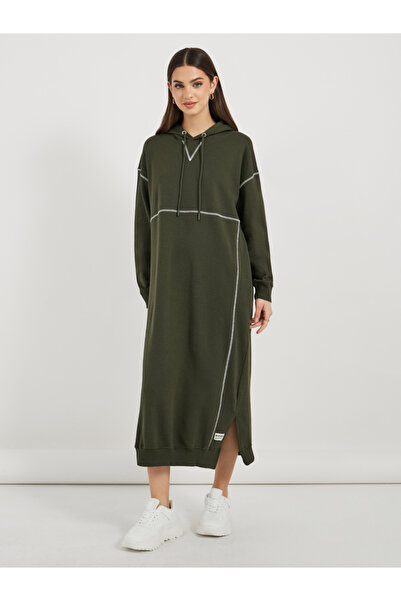 Styli Contrast Overlock Stich Hooded Sweatshirt Midi Dress