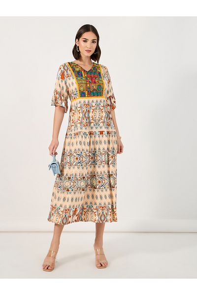 Styli Bohemian Print V Neck A-Line Midi Dress