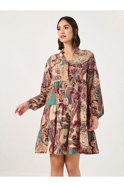 Styli Bohemian Print Long Sleeves Tiered Mini Dress