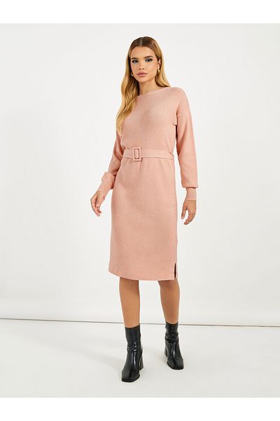 Styli Flat Knit Belted Sweater Knee Length Dress
