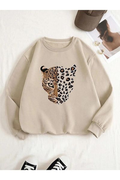 PALPİTO Φούτερ Unisex Beige Leopard με στάμπα Crew Neck Oversize