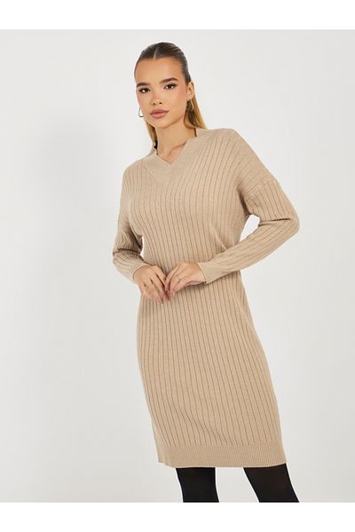 Styli Ribbed Knit V Neck Sweater Midi Dress