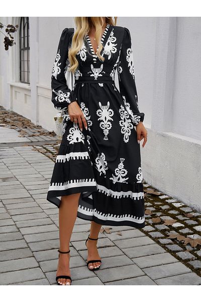 DY By Styli All Over Print V Neck A-Line Midi Dress