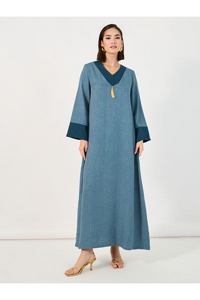 Styli Contrast Cuff Jalabiya with Tassel Detail