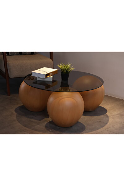 Velura Home & Living Fiber Top Sehpa & Füme Yuvarlak Cam Sehpa & 41cm Küre Or...