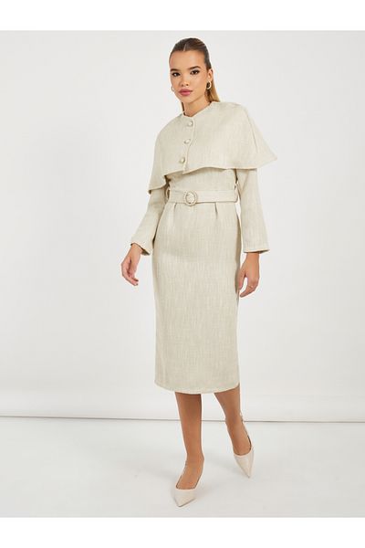 Styli Tweed Belted Midi Dress with Detachable Cape
