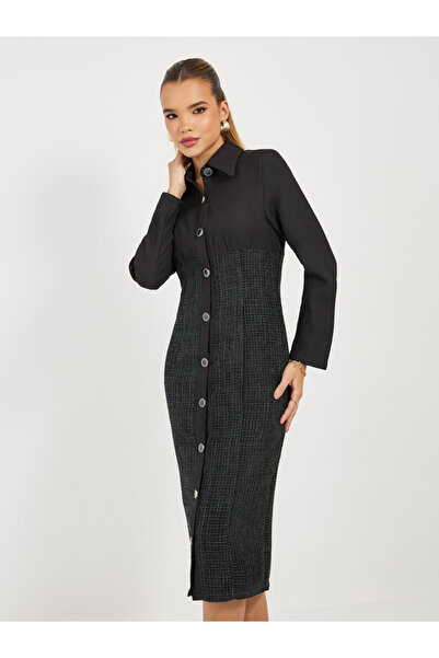Styli Tweed Sheath Midi Dress with Buttons