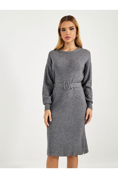 Styli Flat Knit Belted Sweater Knee Length Dress