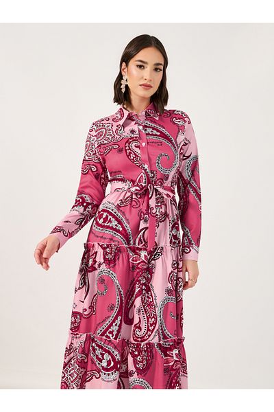 Styli Paisley Print Collared Tiered Midi Dress