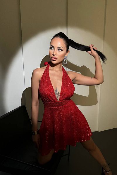 Neşeli Butik Women Red Halter Neckline Sequins Dress Nbdf046