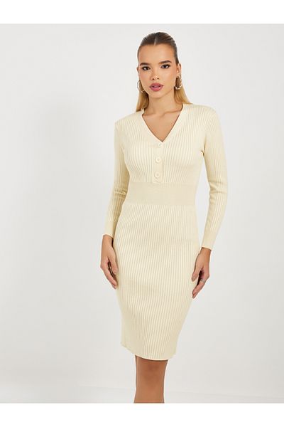Styli Ribbed Knit V Neck Sweater Knee Length Dress