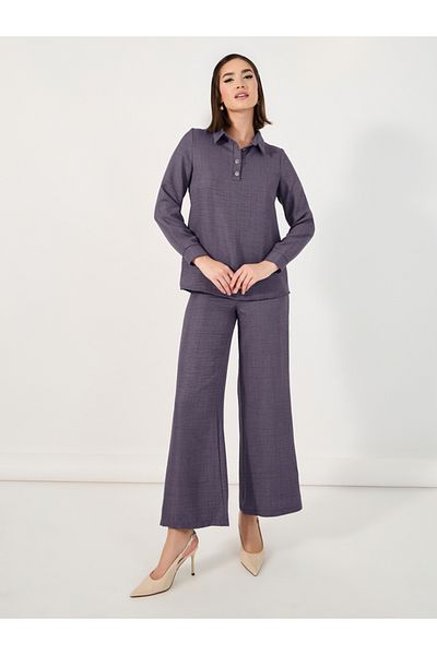 Styli Button Placket Longline Shirt & Wide Leg Pants Modest Set