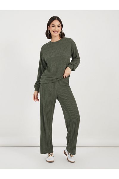 Styli Ribbed Knit Long Sleeves Top & Wide Leg Pants Co-Ords