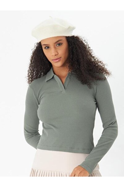 AMİDA Khaki Polo Neck Ribbed Long Sleeve Camisole Women's Blouse- 2460