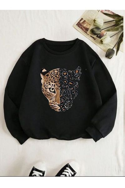 PALPİTO Unisex Black Leopard Printed Crew Neck Oversize Sweatshirt