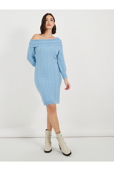 Styli Plain Off Shoulder Sweater Knee-Length Dress