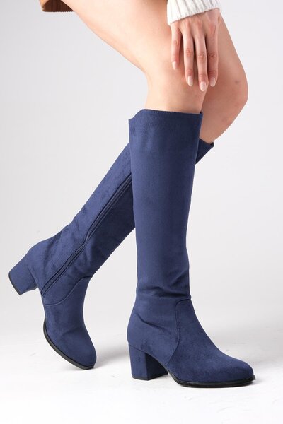 Mio Gusto Dámské kozačky na podpatku Bella v tmavě modré barvě s bočním zipem a tenkou podšívkou z umělé kožešiny