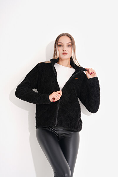 Shine Fine معطف بسحاب وياقة واقفة من القطيفة