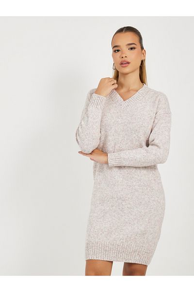 Styli Flat Knit V Neck Sweater Mini Dress