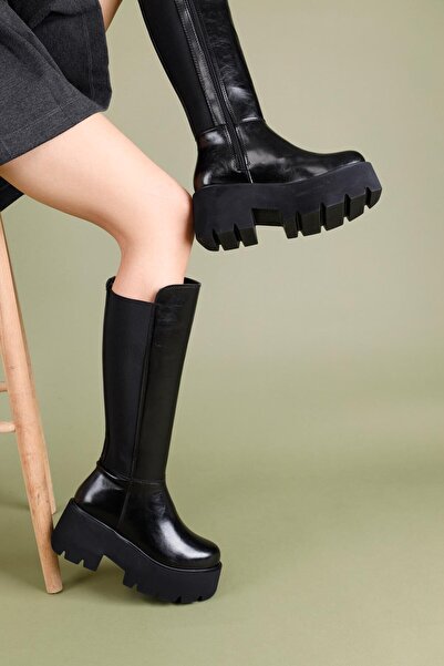 Getcho Jaren Women's Thick Heeled Diving Fabric Black Boots