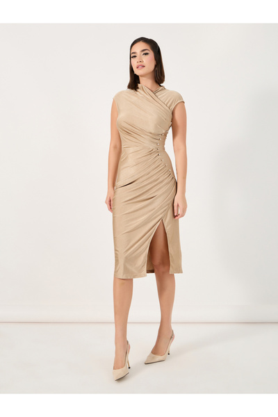 Styli Pleated Bodycon Midi Dress with Button Accent