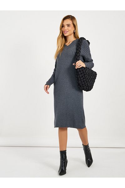 Styli Ribbed Knit V Neck Sweater Midi Dress