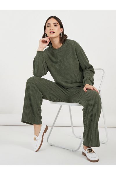 Styli Ribbed Knit Long Sleeves Top & Wide Leg Pants Co-Ords