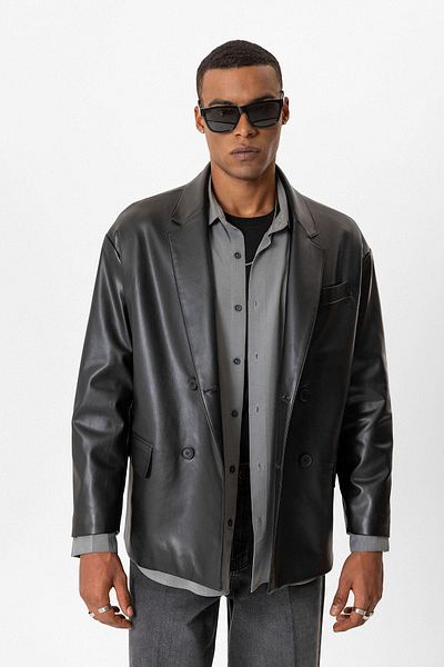 Antioch Black Faux Leather Double Breasted Men's Jacket