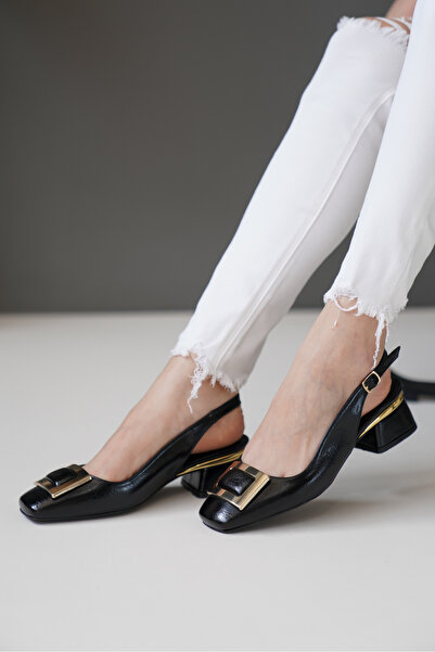 Lizzu حذاء نسائي - أسود أسود، ذهبي بإبزيم مربع وكعب منخفض