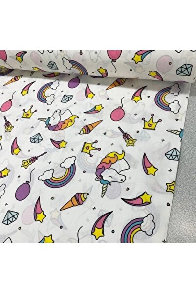 Bebek Özel قماش بوبلين قطن 100% بنمط وحيد القرن باللون الأبيض - 1 أعلى (30 مت...