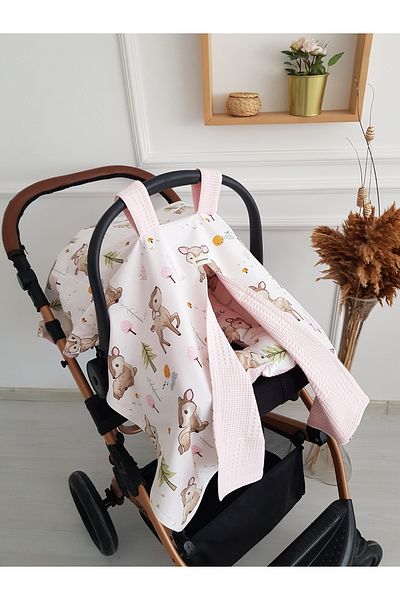 ilkimbebe Ağaçlı Ceylan Muslin Pique Double Sided Stroller Cover, Cushioned Baby Double Layer, 100% Cotton
