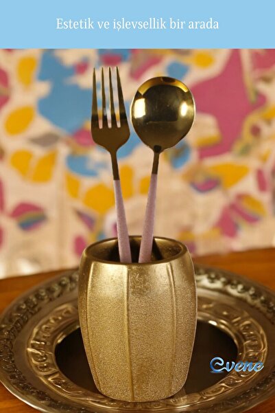 Evene Tezgah Üstü Kaşıklık Dekoratif Dik Kaşıklık Silindir Kaşıklık Altın Renk Model 13