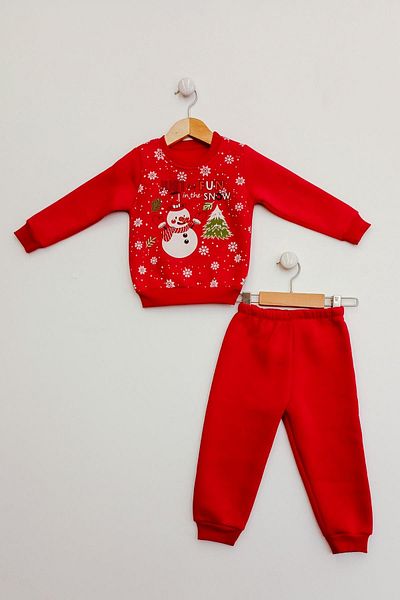 Trend Baby Kids Red Kids Sweat Set - Raster Cotton and Snowman Print